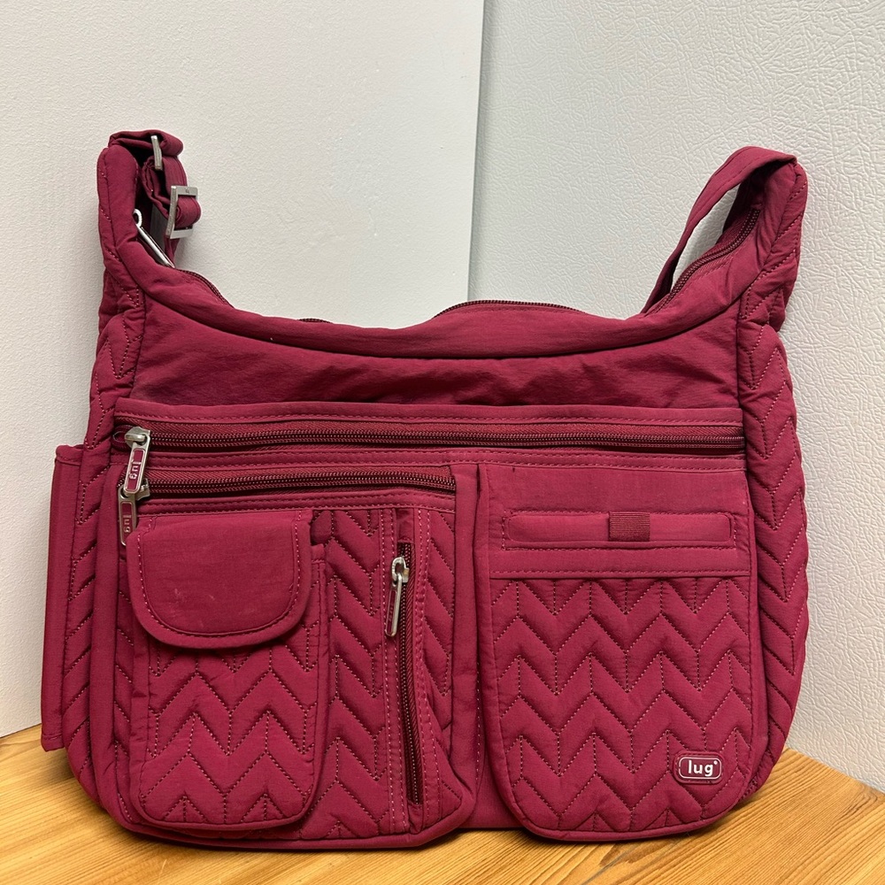 Lug Puddle Jumper Crossbody – Berry / Wine – 10 Pockets + Bottle Holder